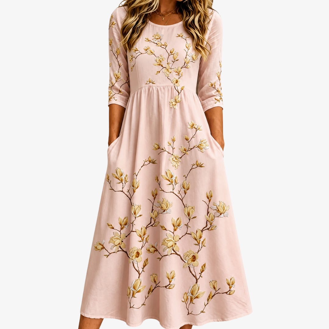 Arlene | Abito Midi con Tasche Golden Magnolia Bloom