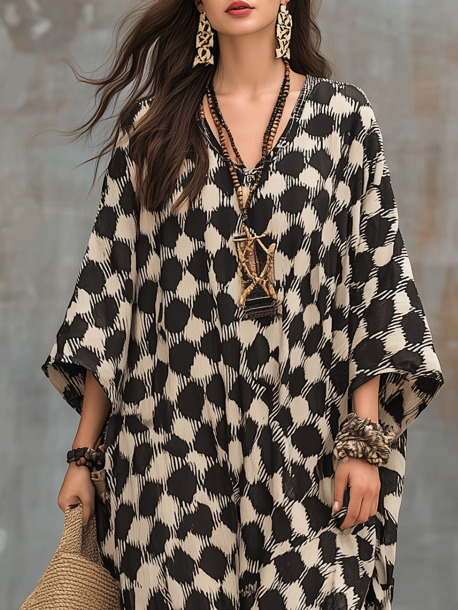 Arciana | Abito maxi caftano di ispirazione bohemien con pois e taglio ampio