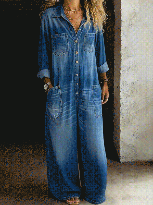 Tránsito™ | Tuta in denim lunga con bottoni e cintura