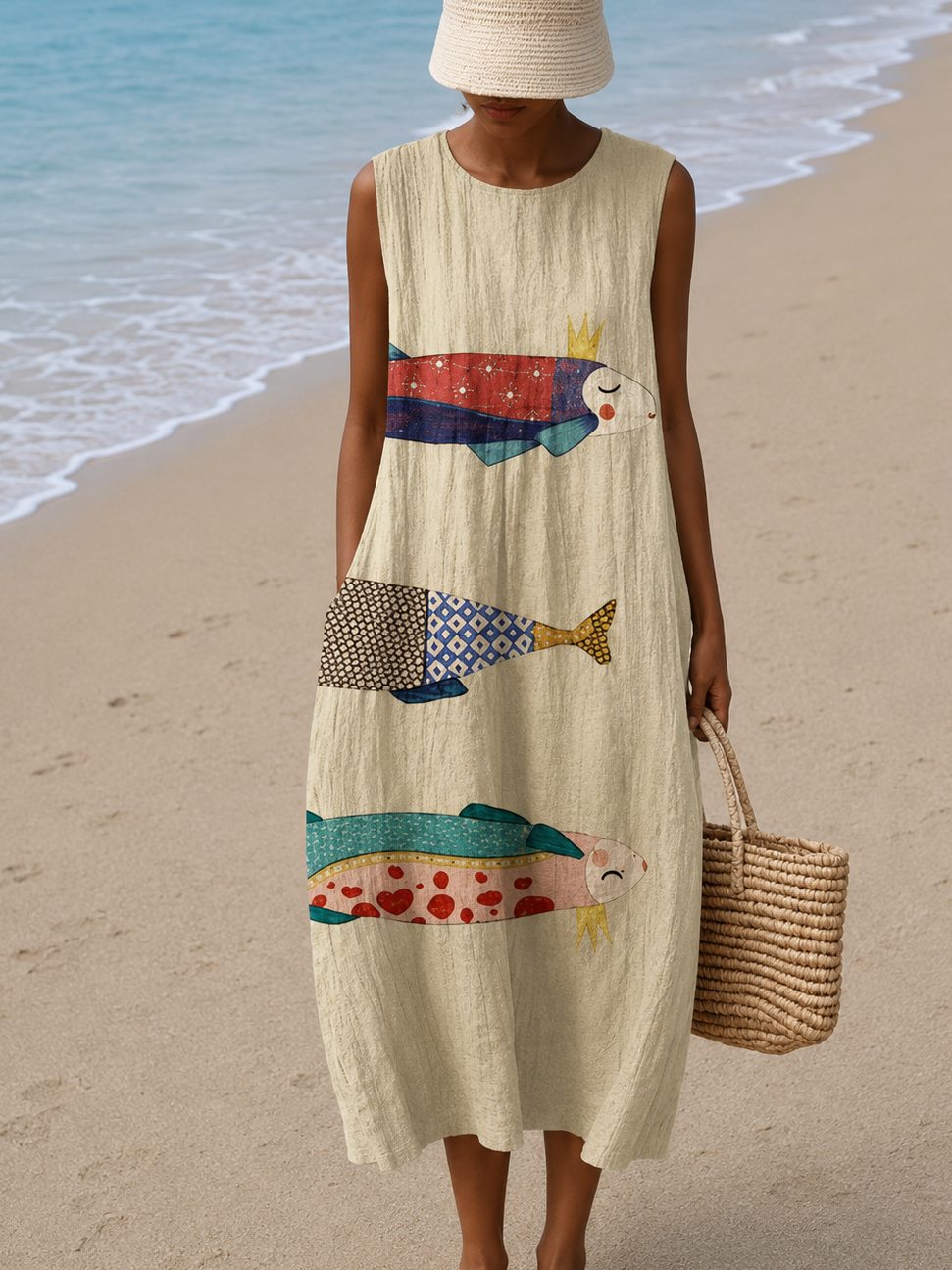 Addison - Abito Midi da Spiaggia Stampato Senza Maniche per Donna