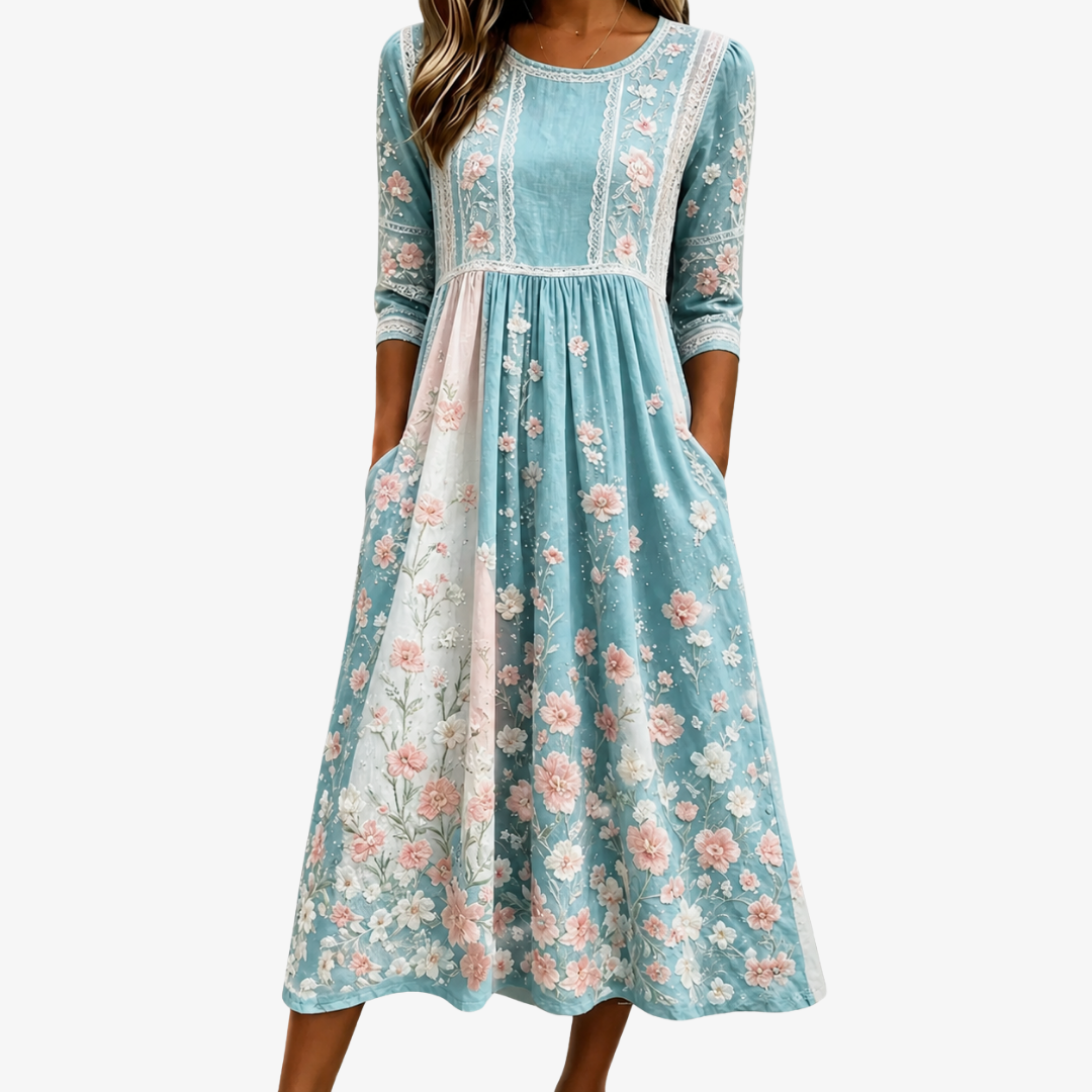 Luna | Abito Midi Patchwork Fiorito di Primavera