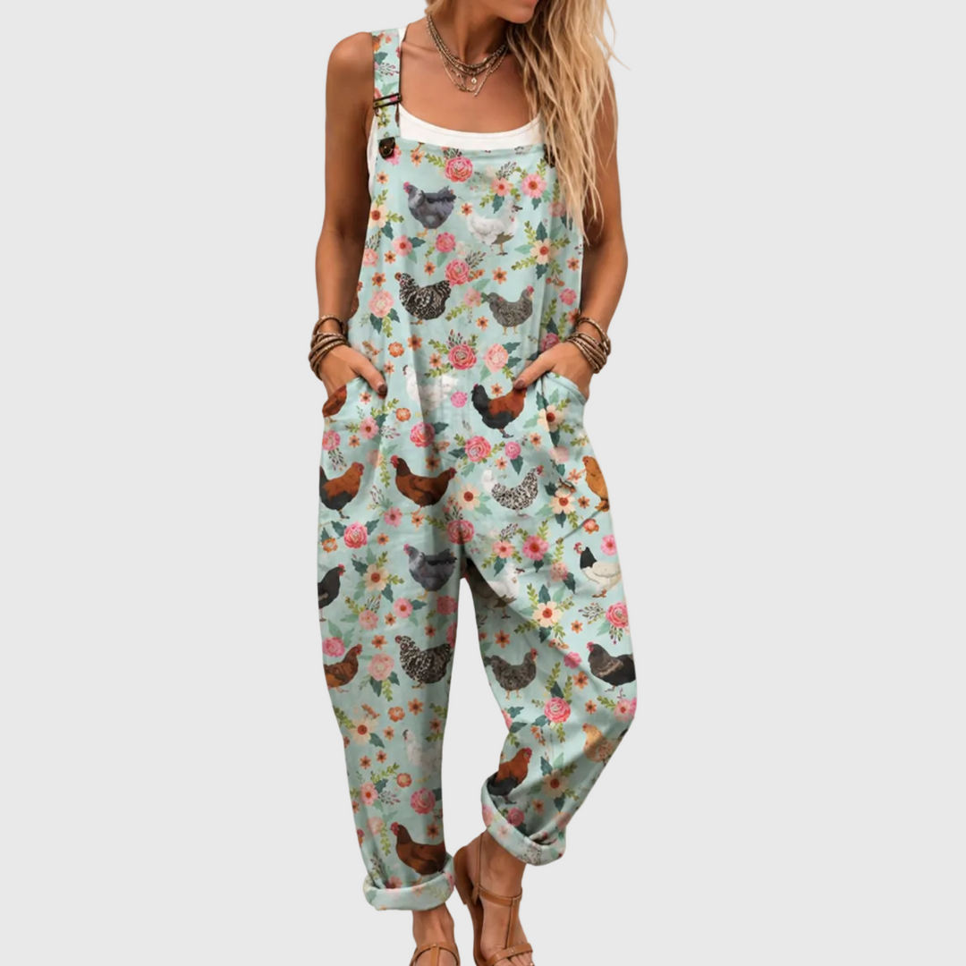 Jumpsuit Florale Morbido con Motivo di Galline e Tasche