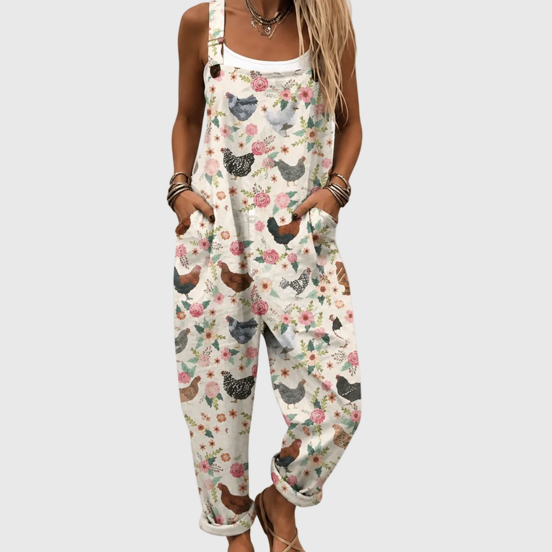 Salopette Soft Vintage con Galline e Fiori