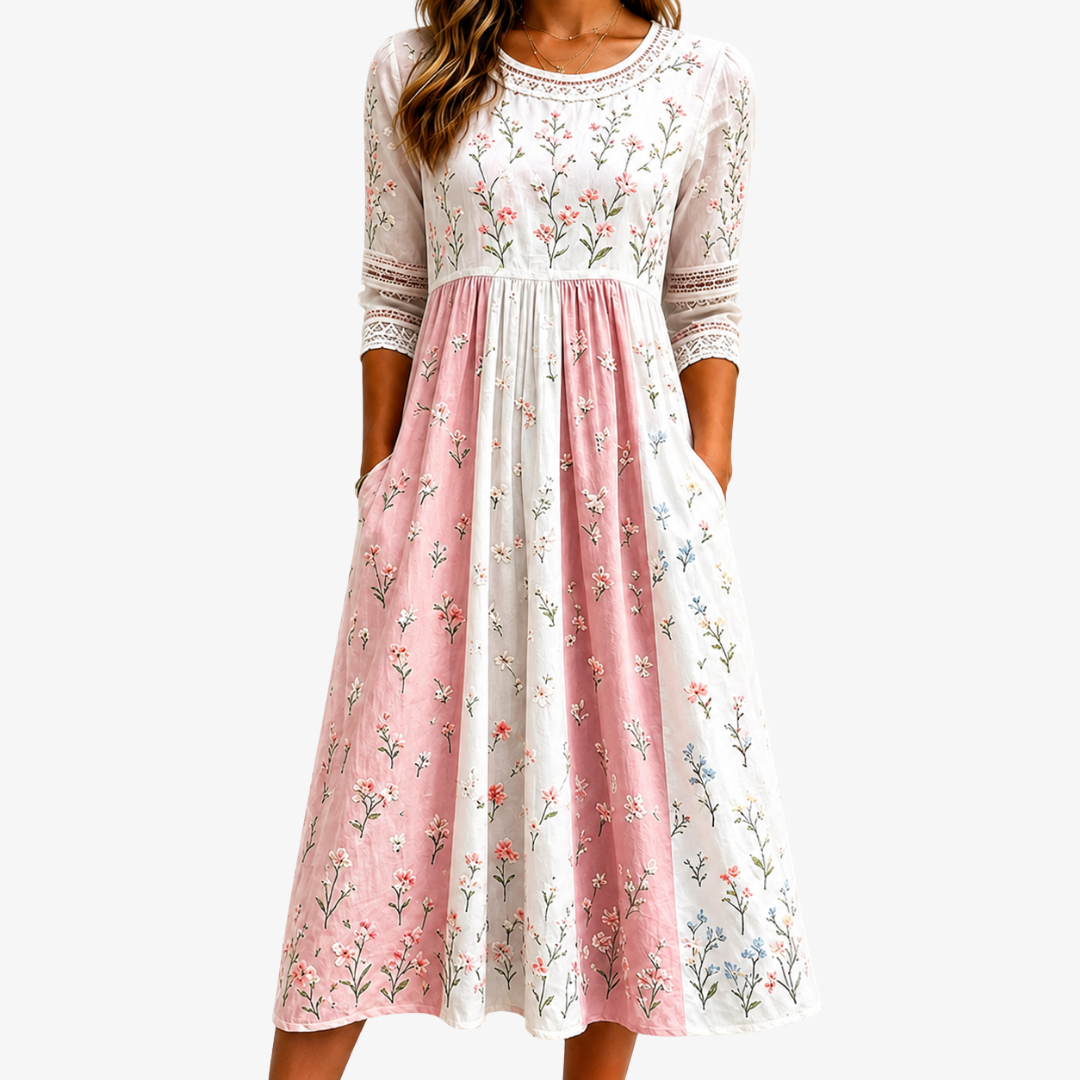 Rowena | Abito Midi con Tasche in Patchwork Blush Meadow
