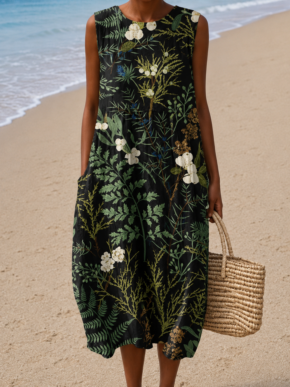 Naomi - Abito midi da spiaggia stampato senza maniche per donna
