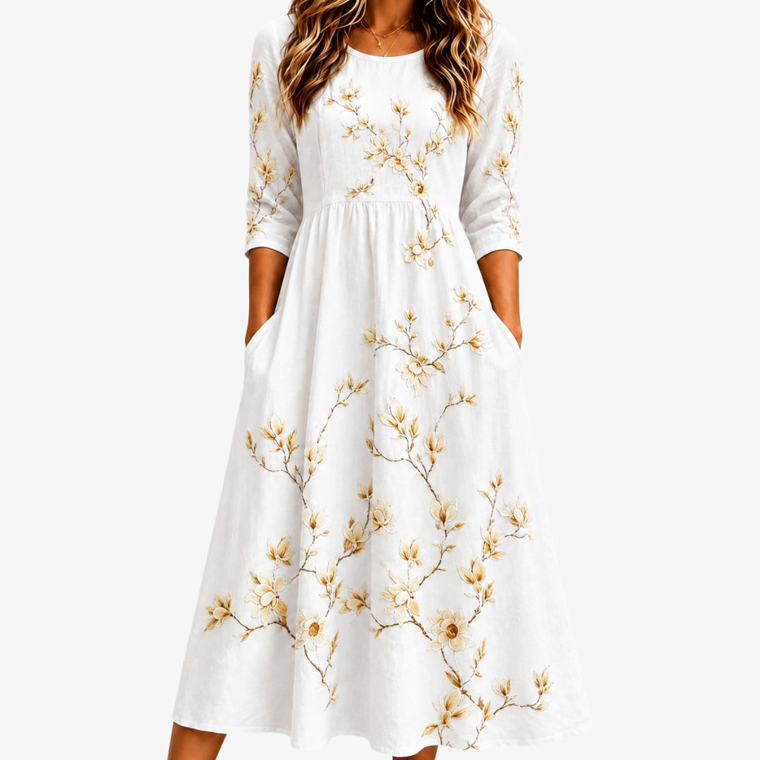 Lily | Abito Midi con Tasche Ivory Blossom Grace