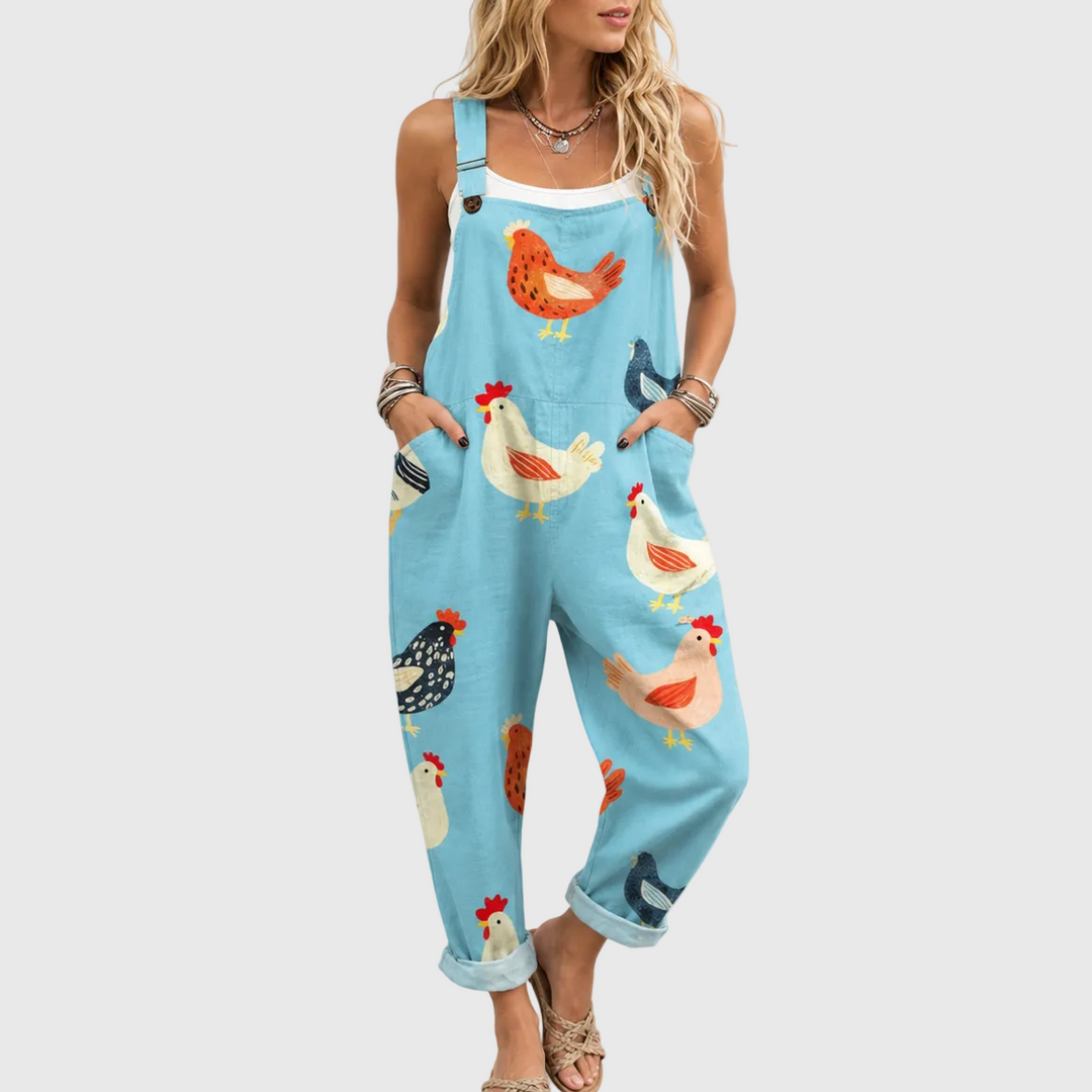 Salopette Blu Casual con Stampa di Gallina