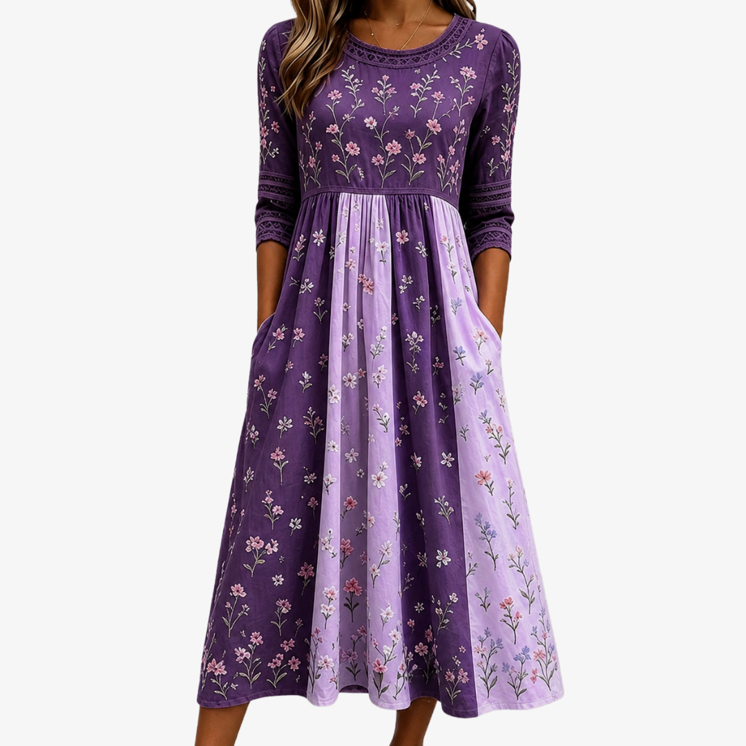 Freda | Abito Midi in Pannello di Fiori Selvatici Lavanda