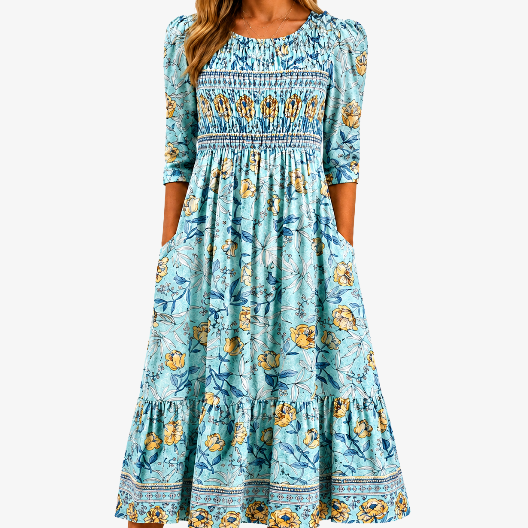Natalia | Abito Midi Giardino Smockato Golden Bloom
