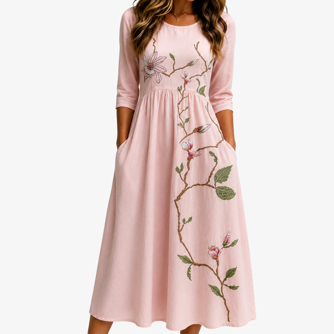 Lucy | Abito Midi Giardino Magnolia Rosa