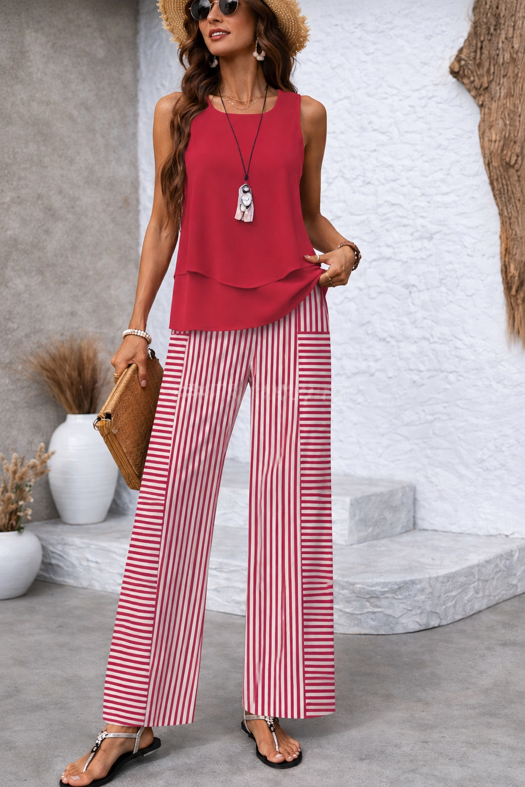 Ramona™ | Completo Rosa Top Liscio e Pantaloni a Righe