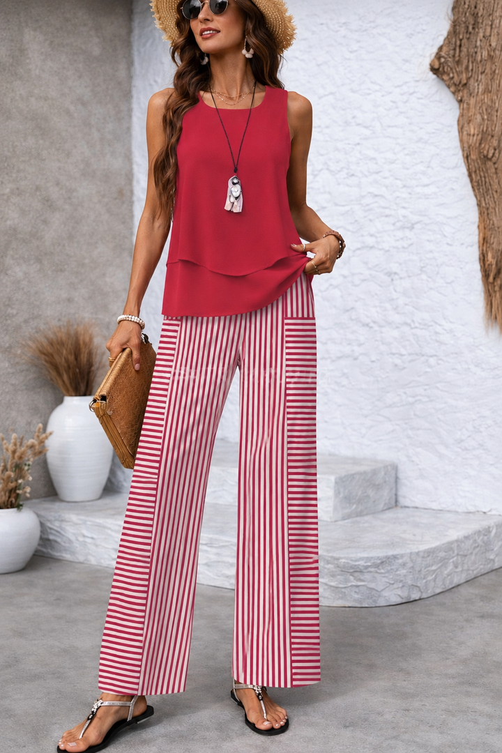 Ramona™ | Completo Rosa Top Liscio e Pantaloni a Righe