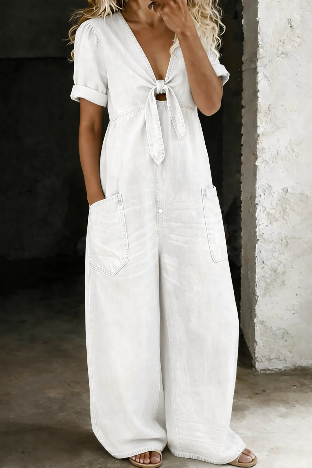 Benigna™ | Tuta in denim a maniche corte con scollatura a V e cintura