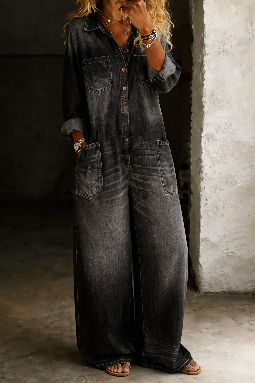 Tránsito™ | Tuta in denim lunga con bottoni e cintura