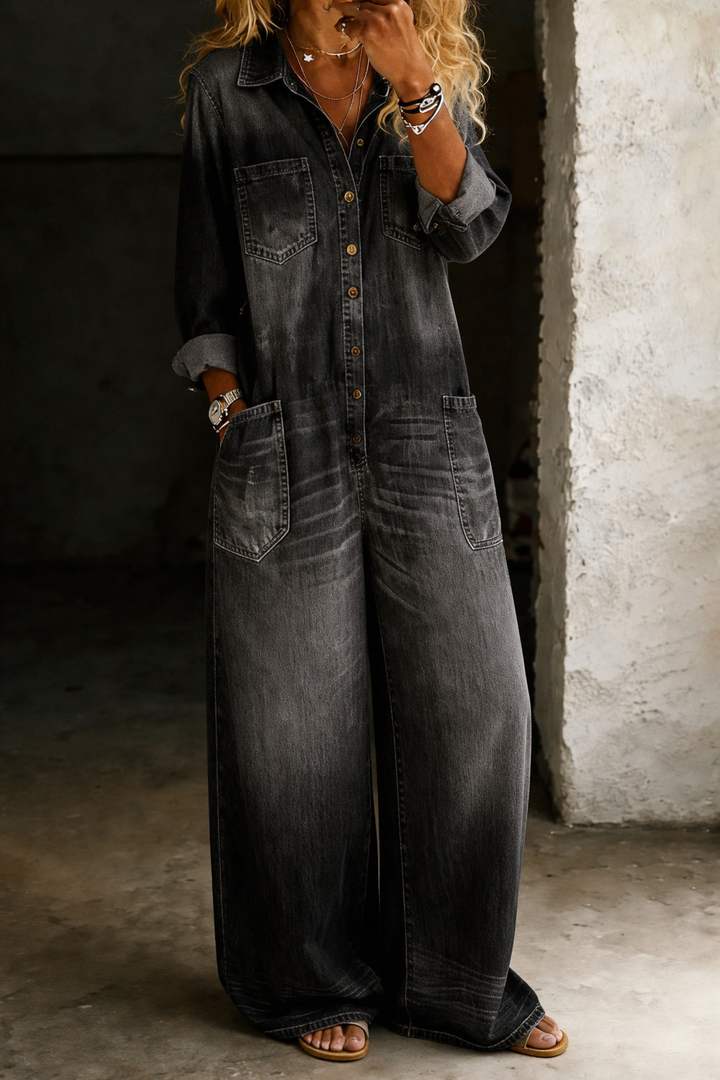 Tránsito™ | Tuta in denim lunga con bottoni e cintura