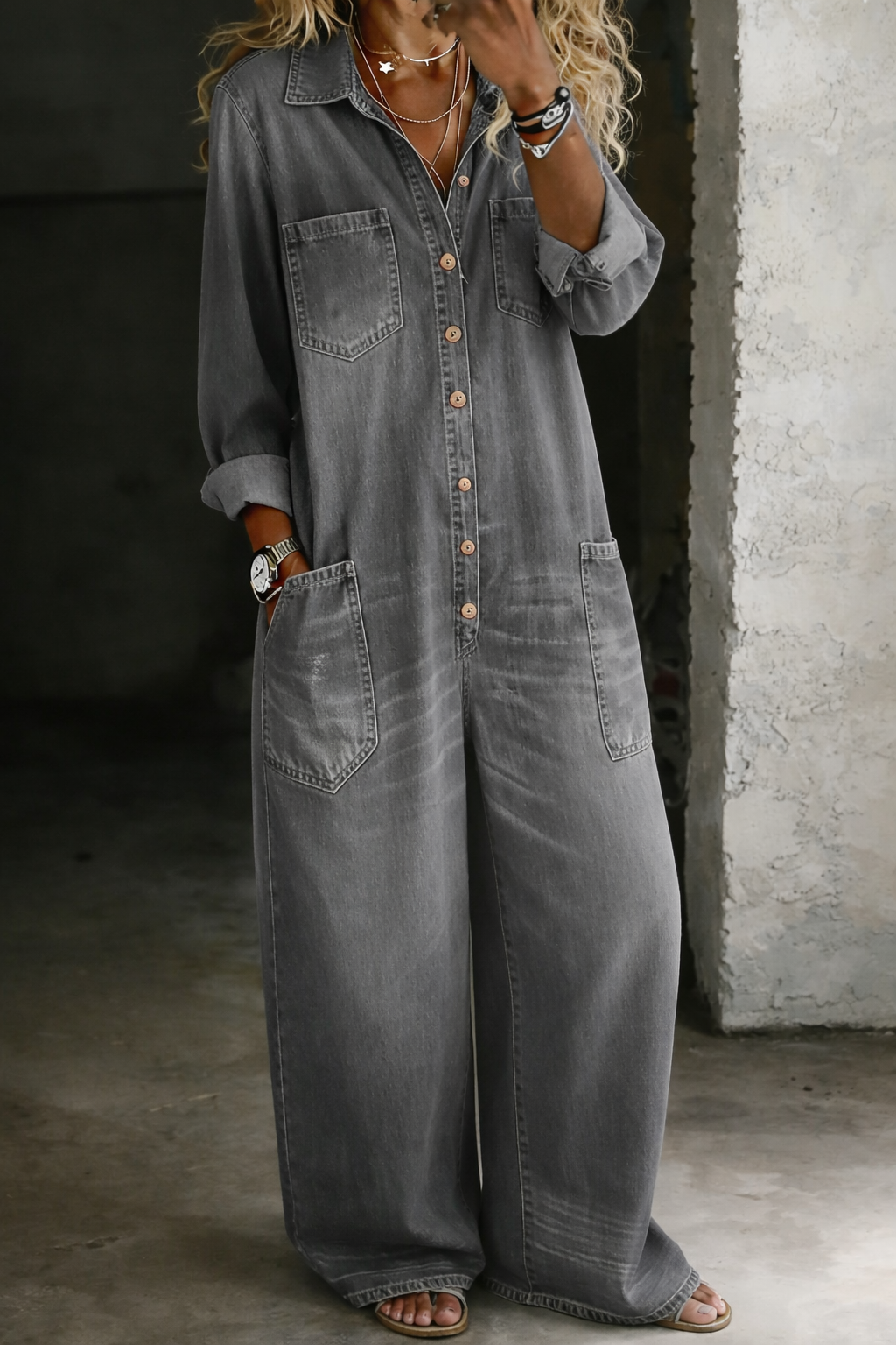 Tránsito™ | Tuta in denim lunga con bottoni e cintura