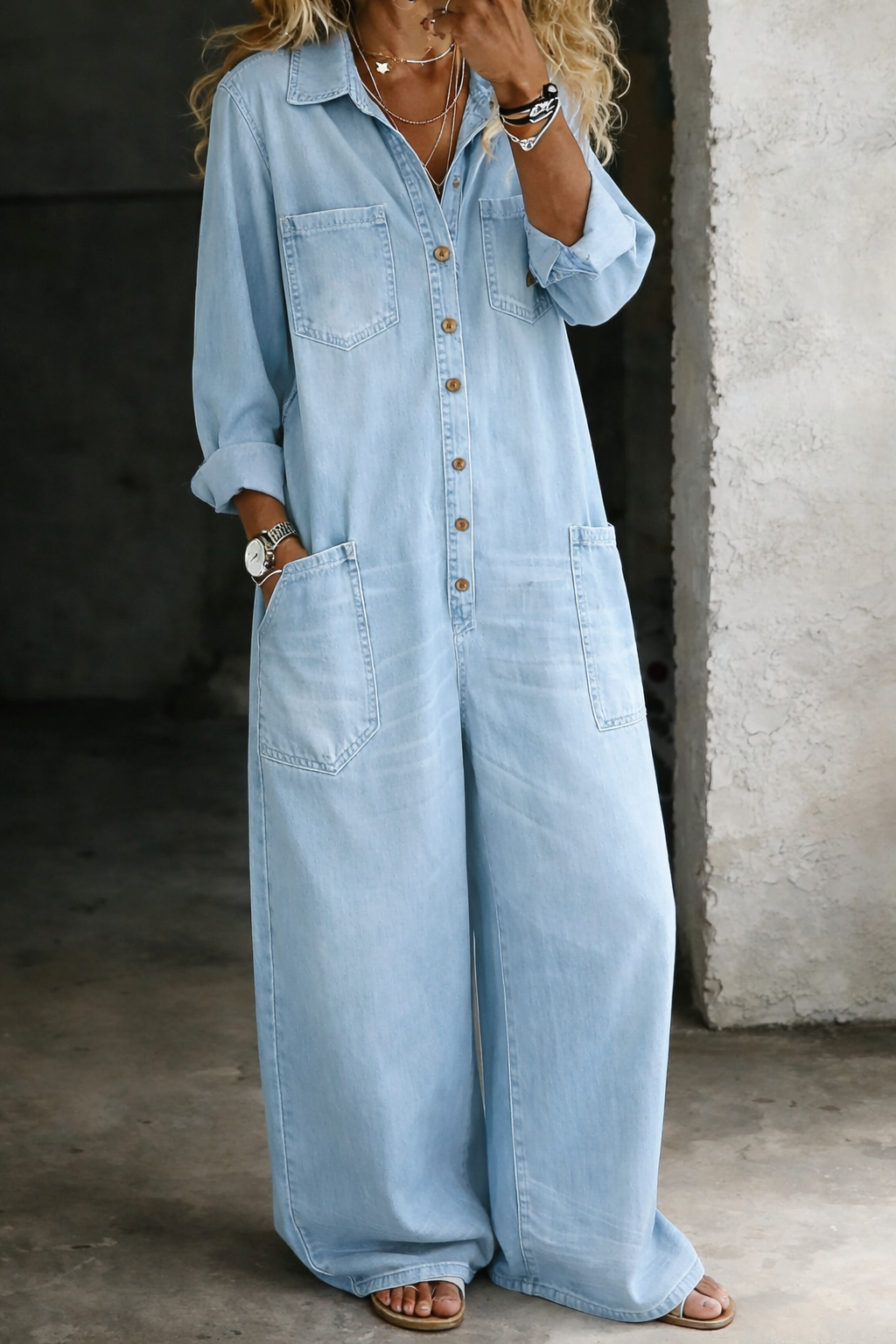 Tránsito™ | Tuta in denim lunga con bottoni e cintura