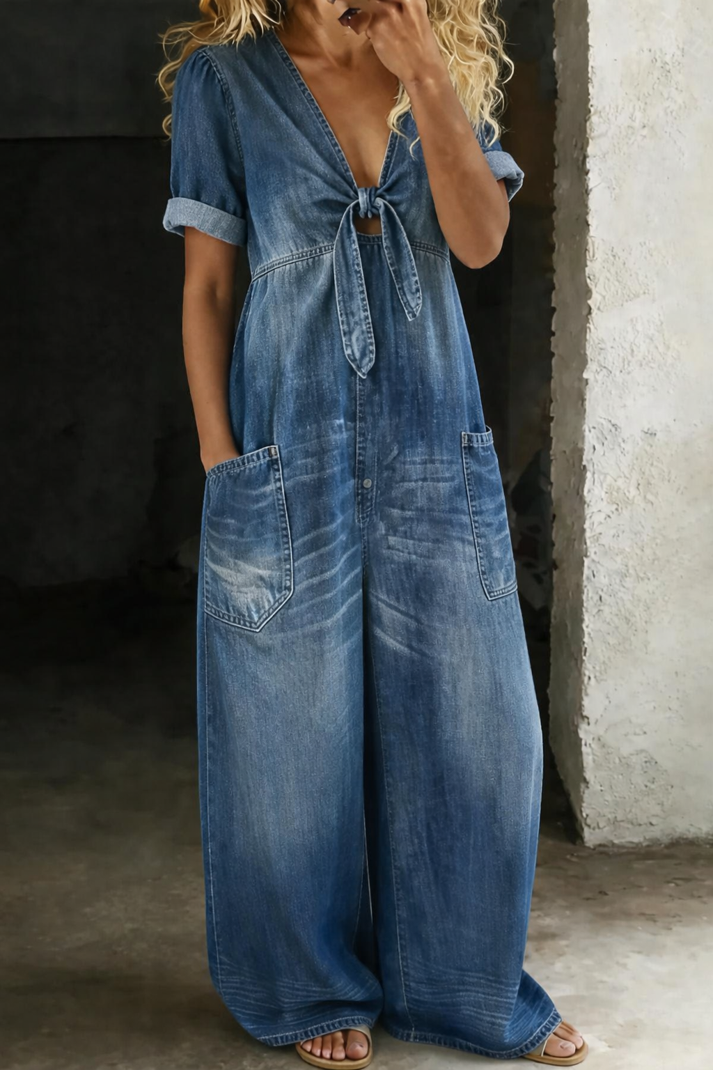 Benigna™ | Tuta in denim a maniche corte con scollatura a V e cintura
