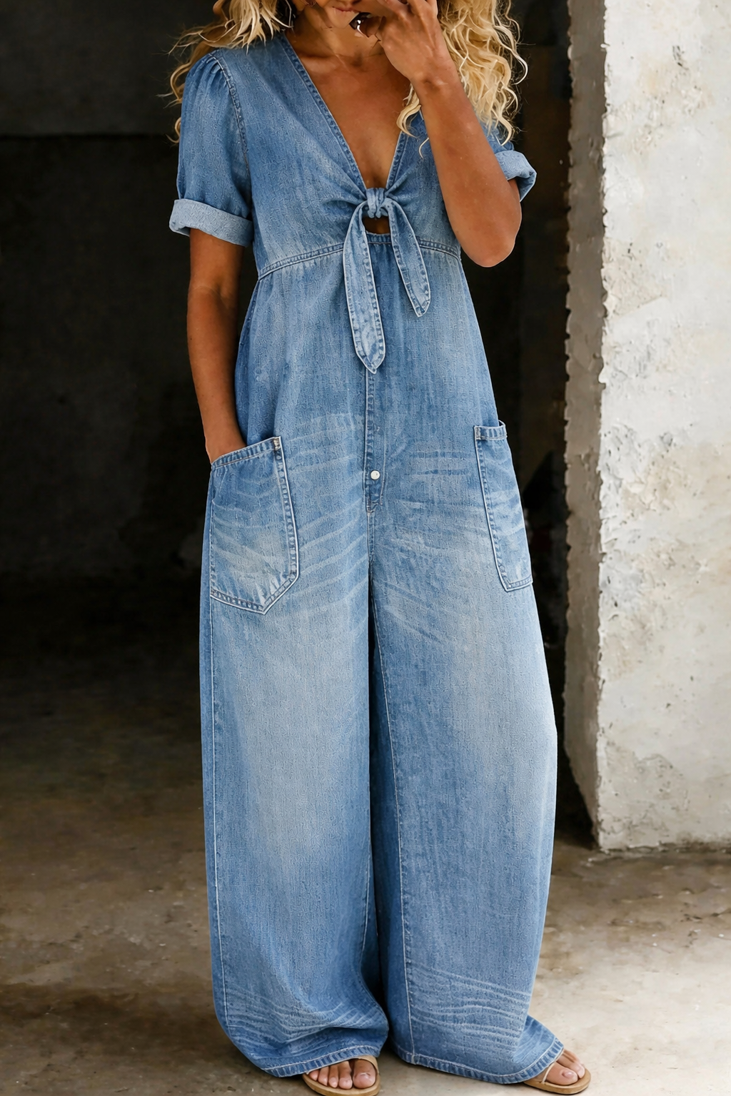 Benigna™ | Tuta in denim a maniche corte con scollatura a V e cintura