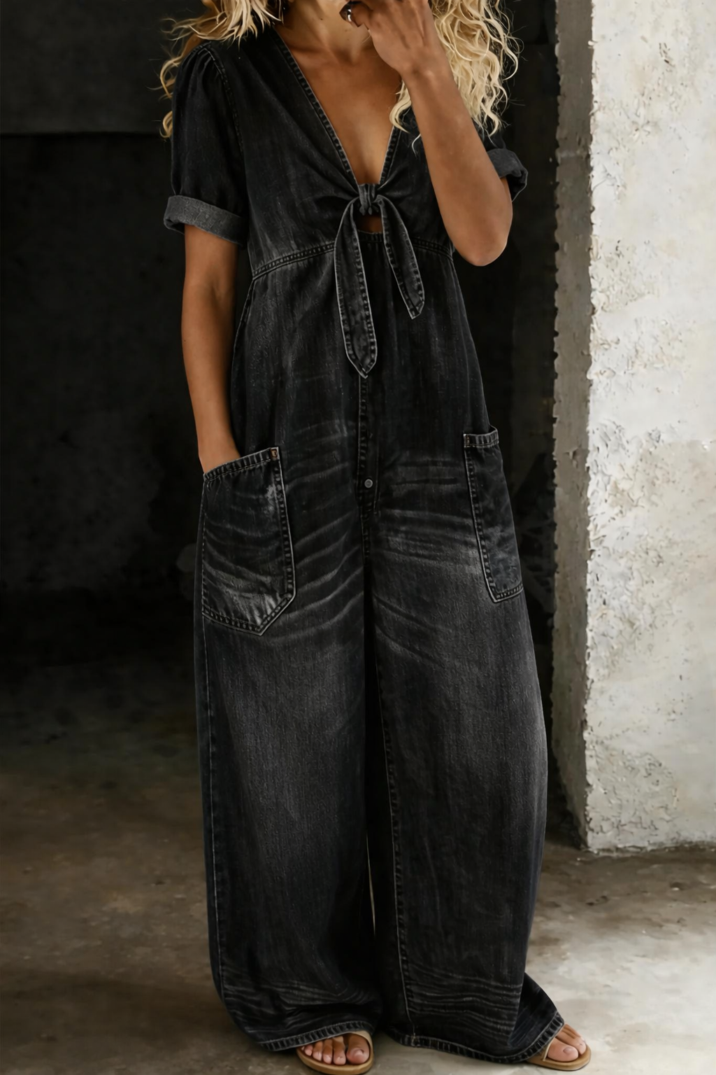 Benigna™ | Tuta in denim a maniche corte con scollatura a V e cintura