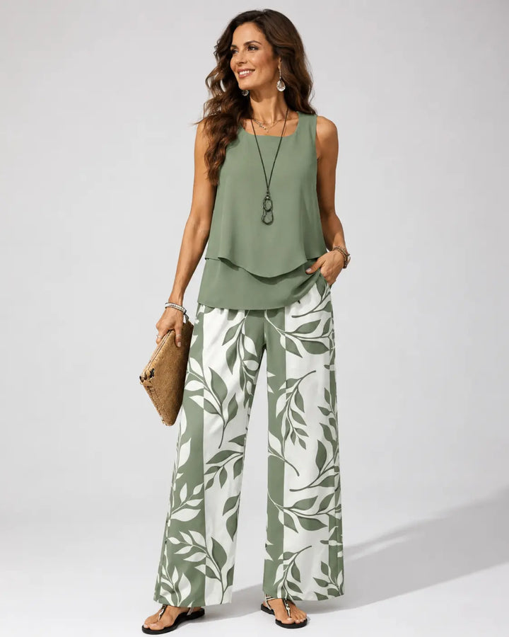 Petronila™ | Completo Verde Salvia Blusa e Pantalone Botanico