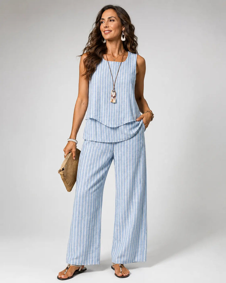 Nicolasa™ | Completo Strisce Blu Top e Pantalone Largo
