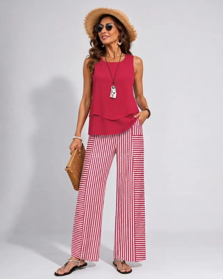 Ramona™ | Completo Rosa Top Liscio e Pantaloni a Righe