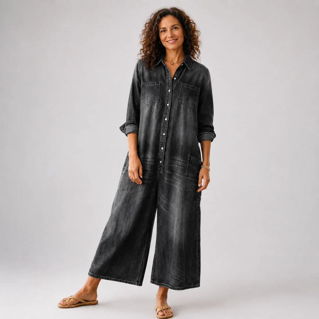 Primitiva™ | Vestito maxi in denim con bottoni e maniche lunghe