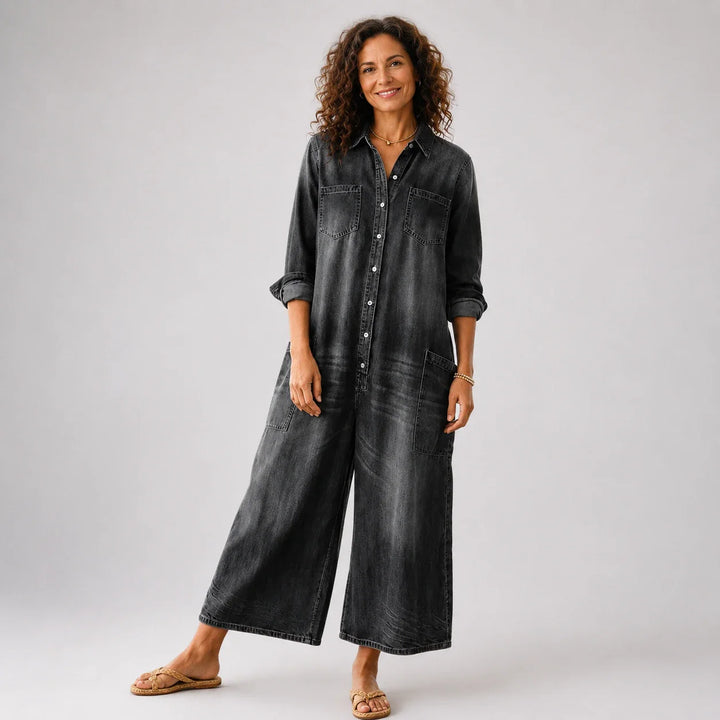 Primitiva™ | Vestito maxi in denim con bottoni e maniche lunghe