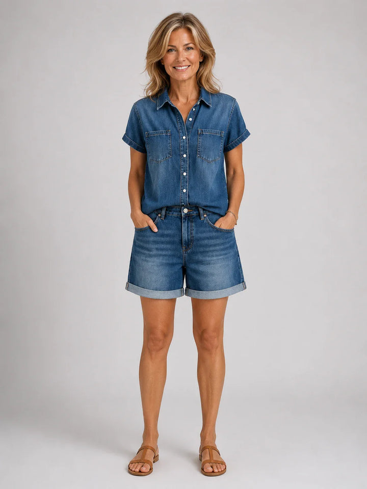 Purificación™ | Completo in denim con camicia e pantaloni corti a manica corta