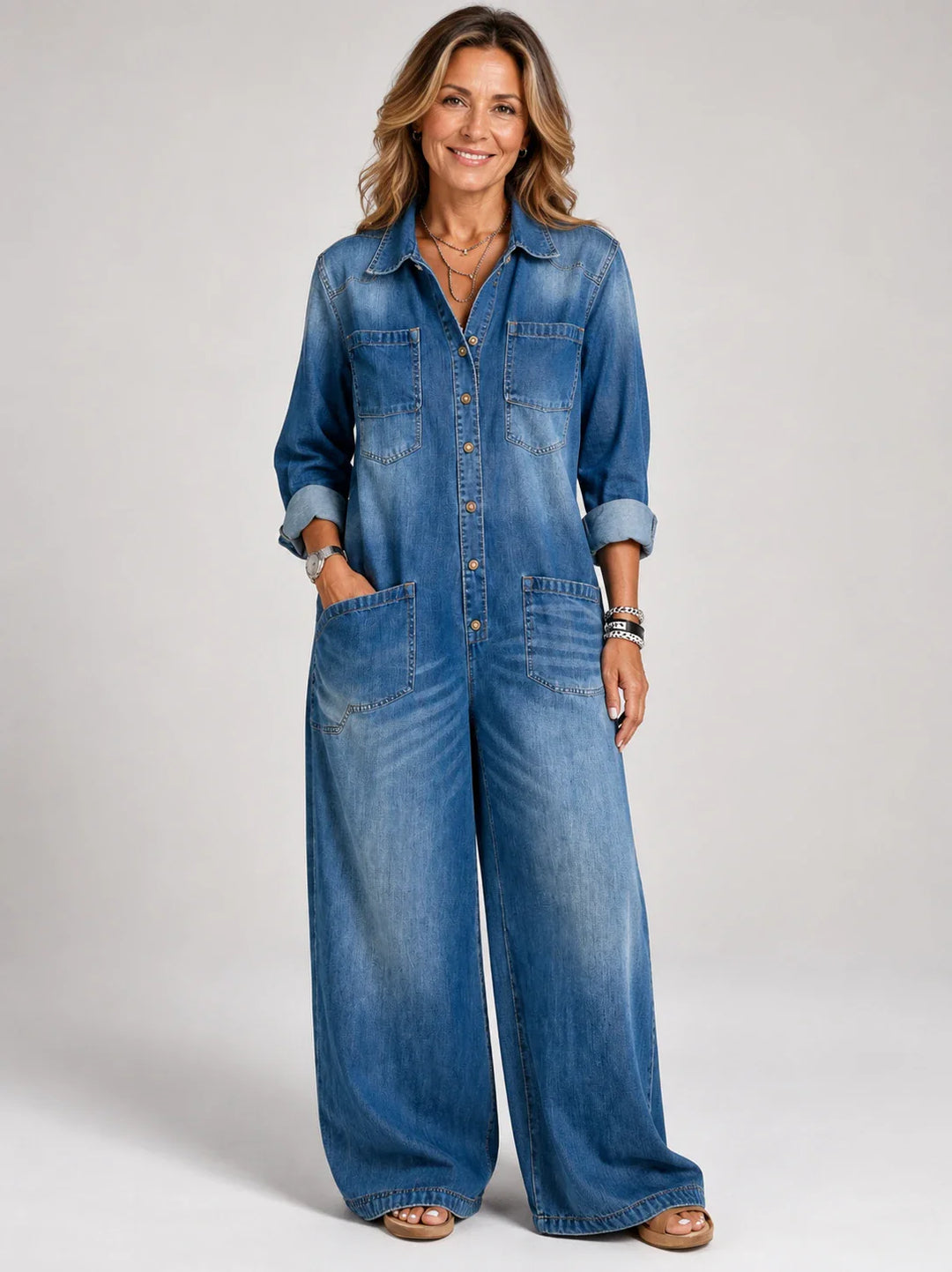 Tránsito™ | Tuta in denim lunga con bottoni e cintura