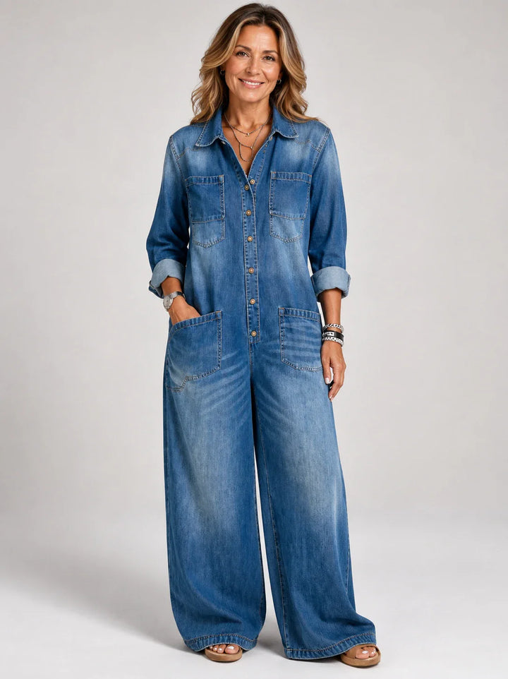 Tránsito™ | Tuta in denim lunga con bottoni e cintura