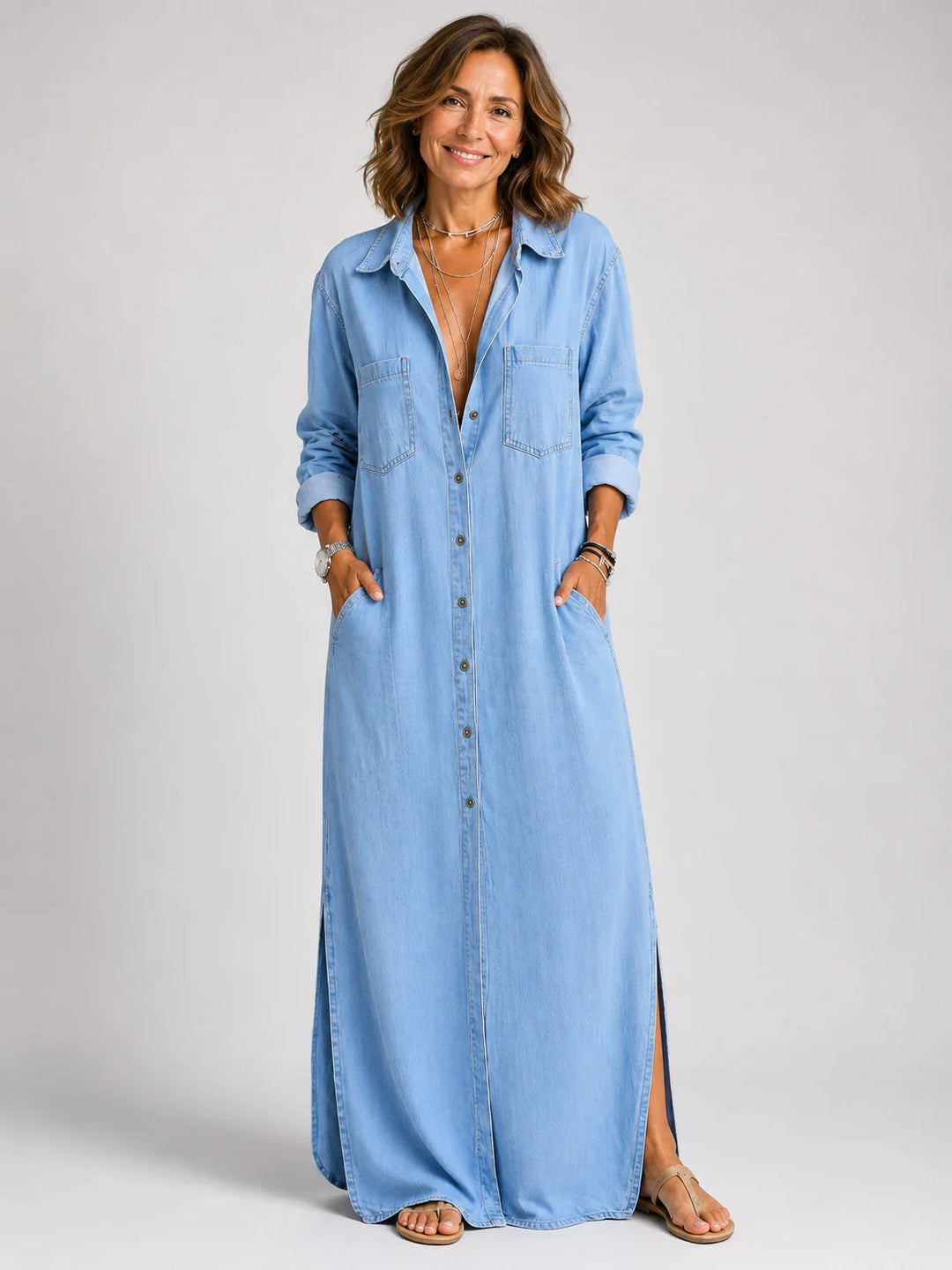 Valeriana™ | Vestito maxi chemise con bottoni e spacco