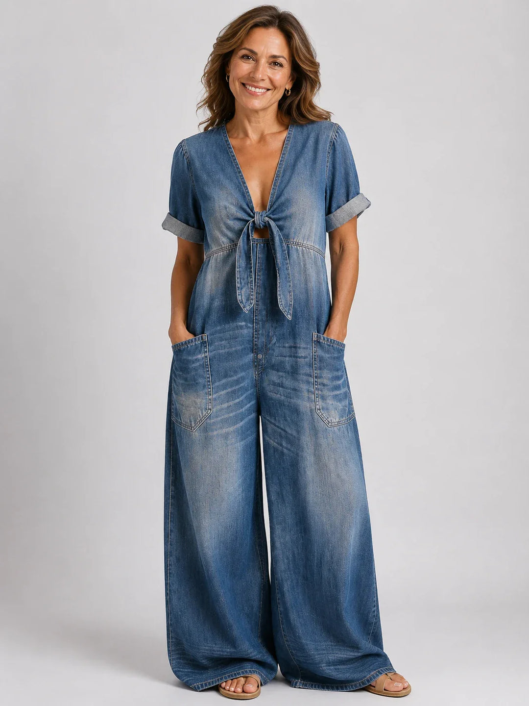 Benigna™ | Tuta in denim a maniche corte con scollatura a V e cintura