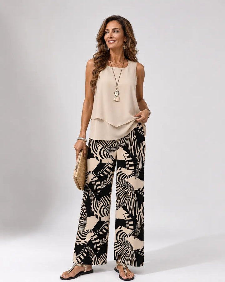 Ignacia™ | Set Blusa Beige e Pantalone Botanico