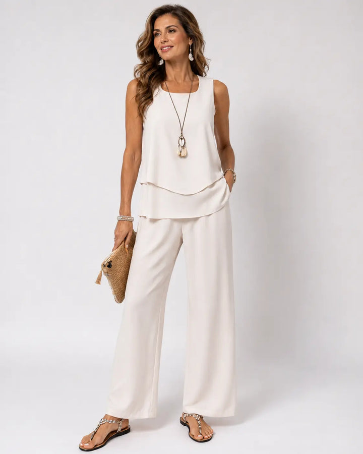 Leandra™ | Set Crema Satinato Top a Strati e Pantaloni