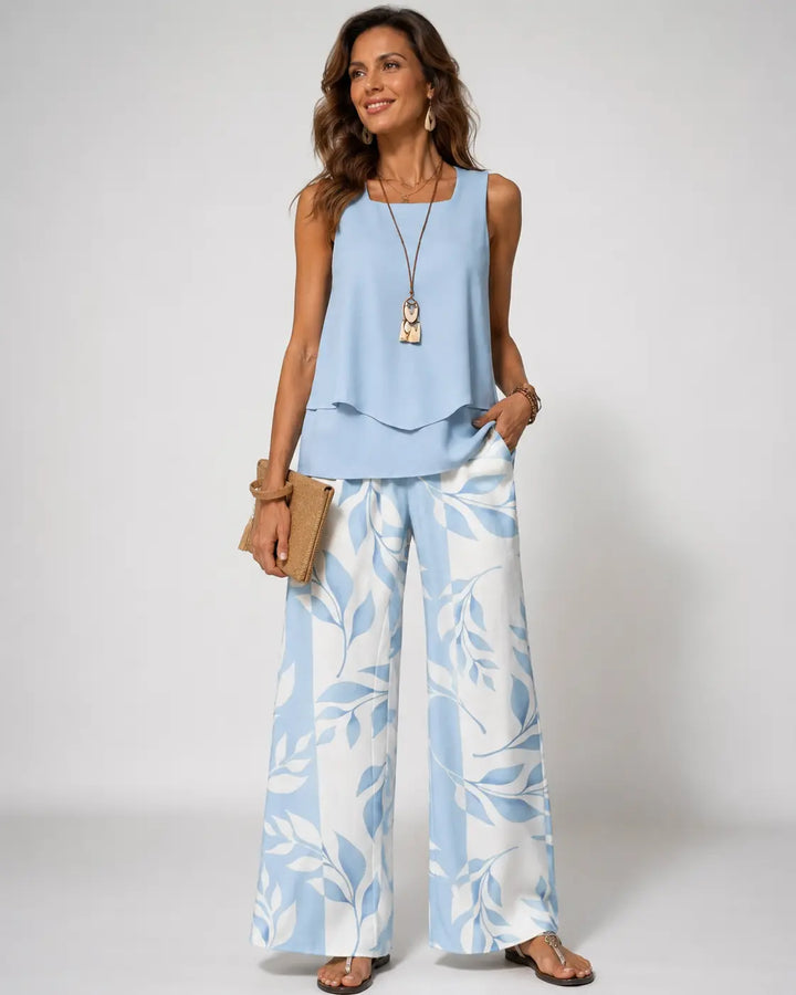 Olalla™ | Completo Azzurro Celeste Blusa e Pantaloni Botanici