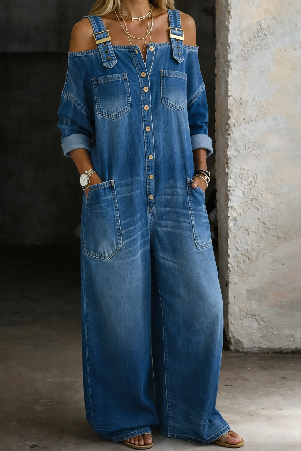 Nicolasa™ | Vestito maxi in denim con spalle scoperte
