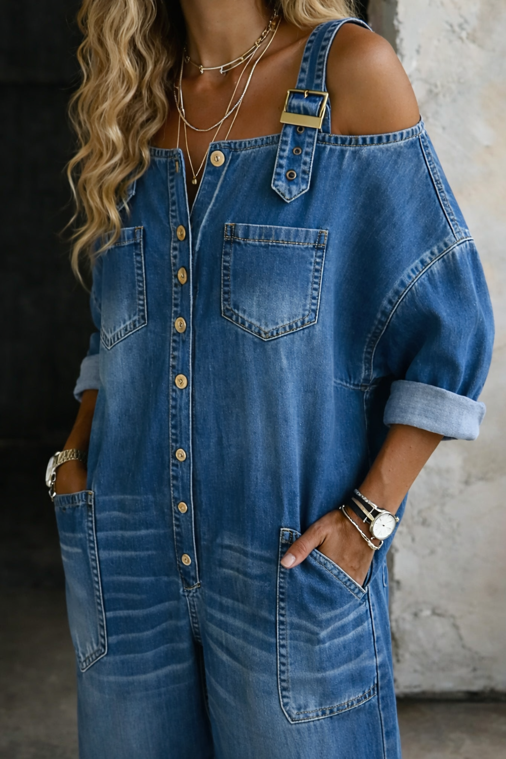 Nicolasa™ | Vestito maxi in denim con spalle scoperte