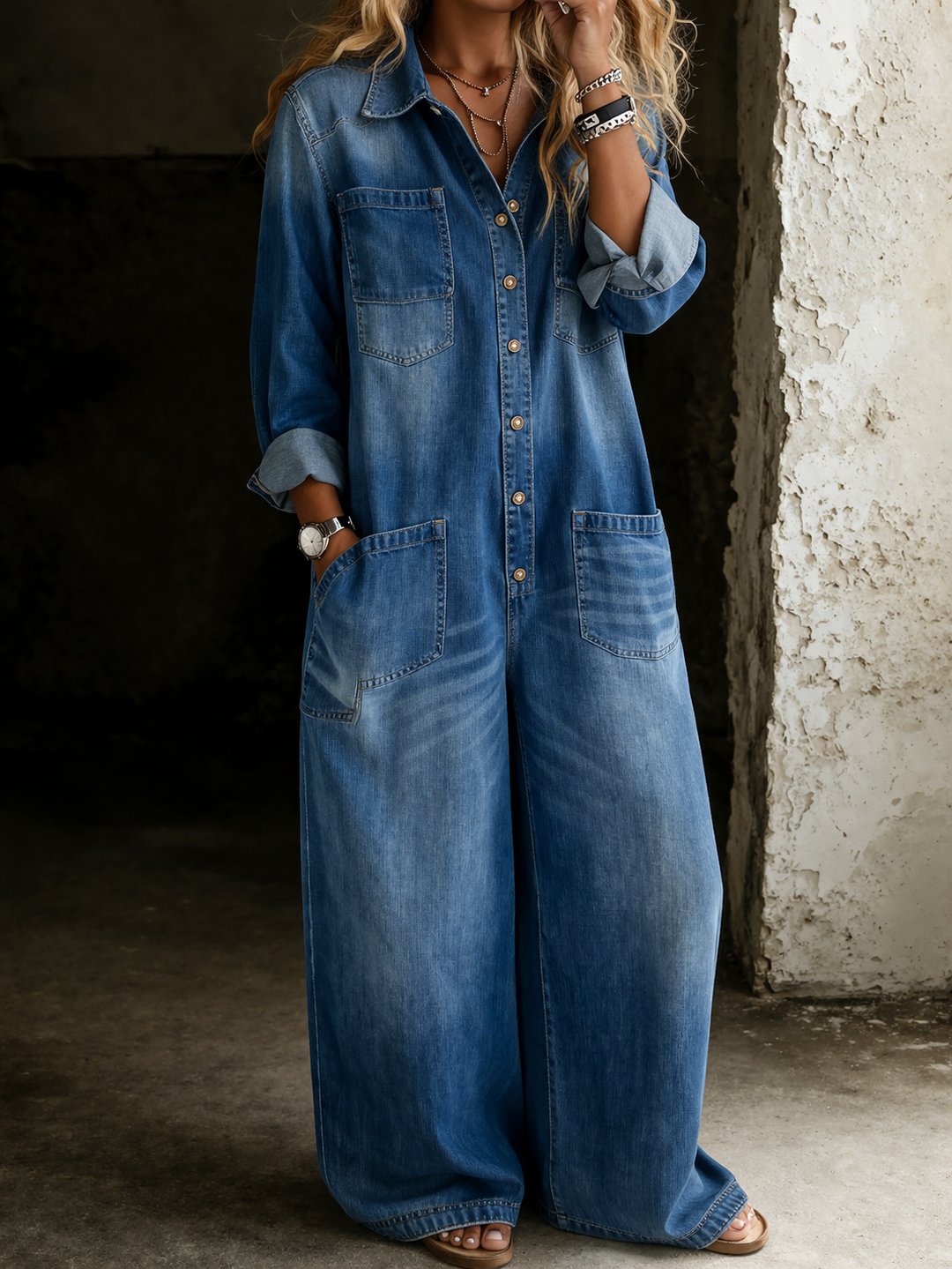 Tránsito™ | Tuta in denim lunga con bottoni e cintura