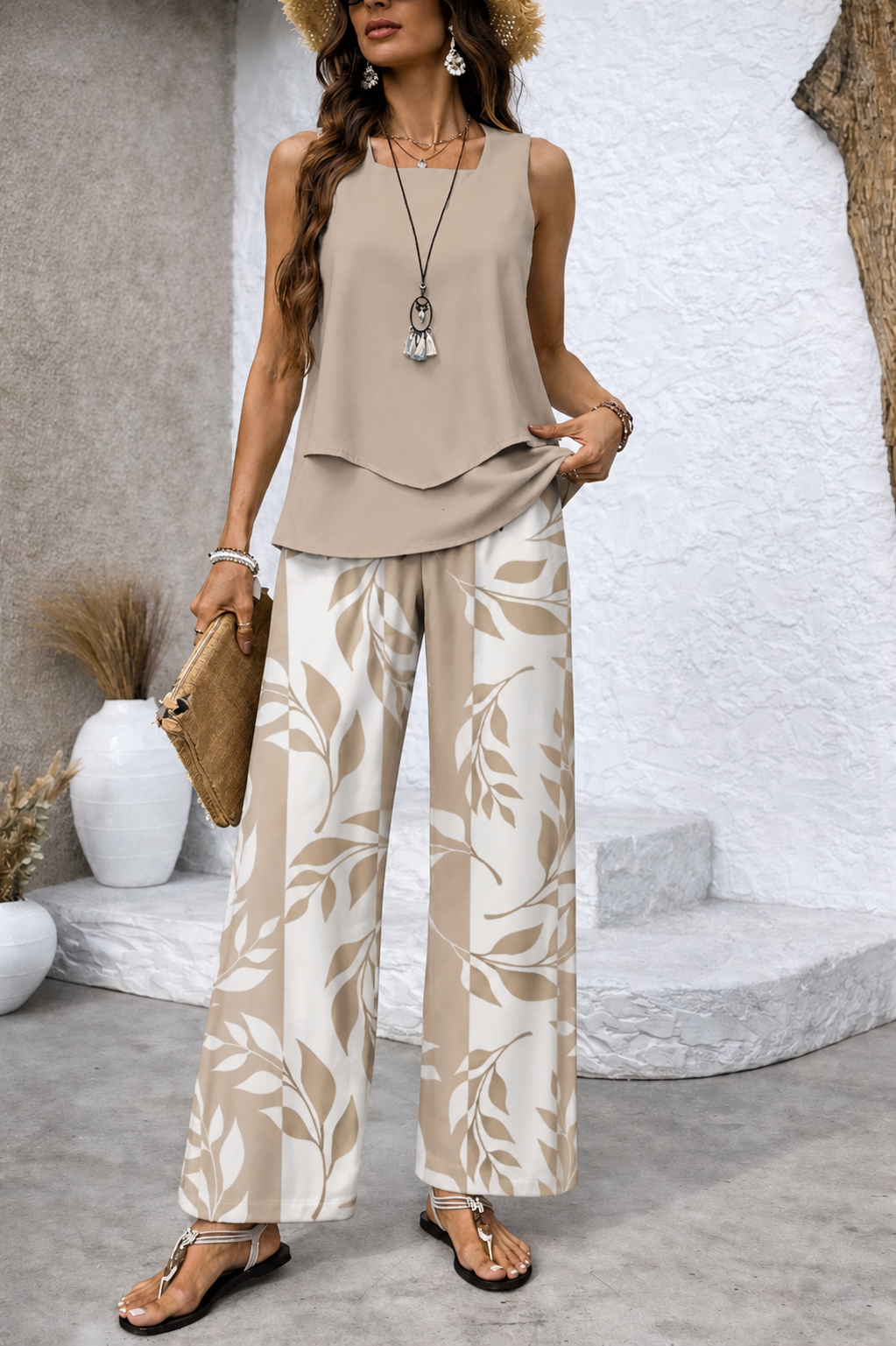 Ernestina™ | Completo Naturale Blusa Beige e Pantalone Botanico