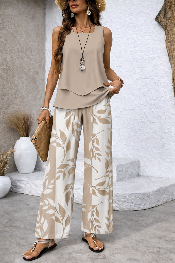 Ernestina™ | Completo Naturale Blusa Beige e Pantalone Botanico
