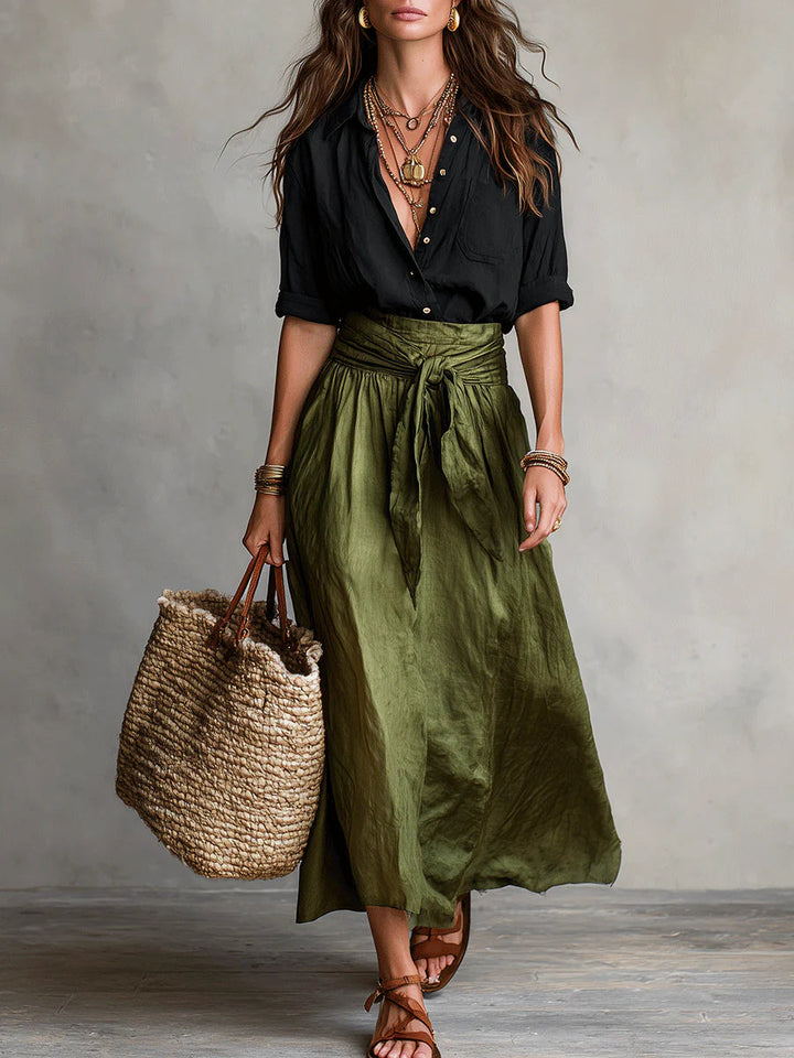 Vera™ | Set di due pezzi: maglietta nera e gonna midi verde oliva