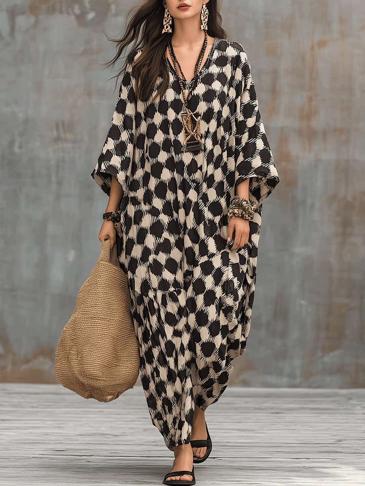 Arciana | Abito maxi caftano di ispirazione bohemien con pois e taglio ampio