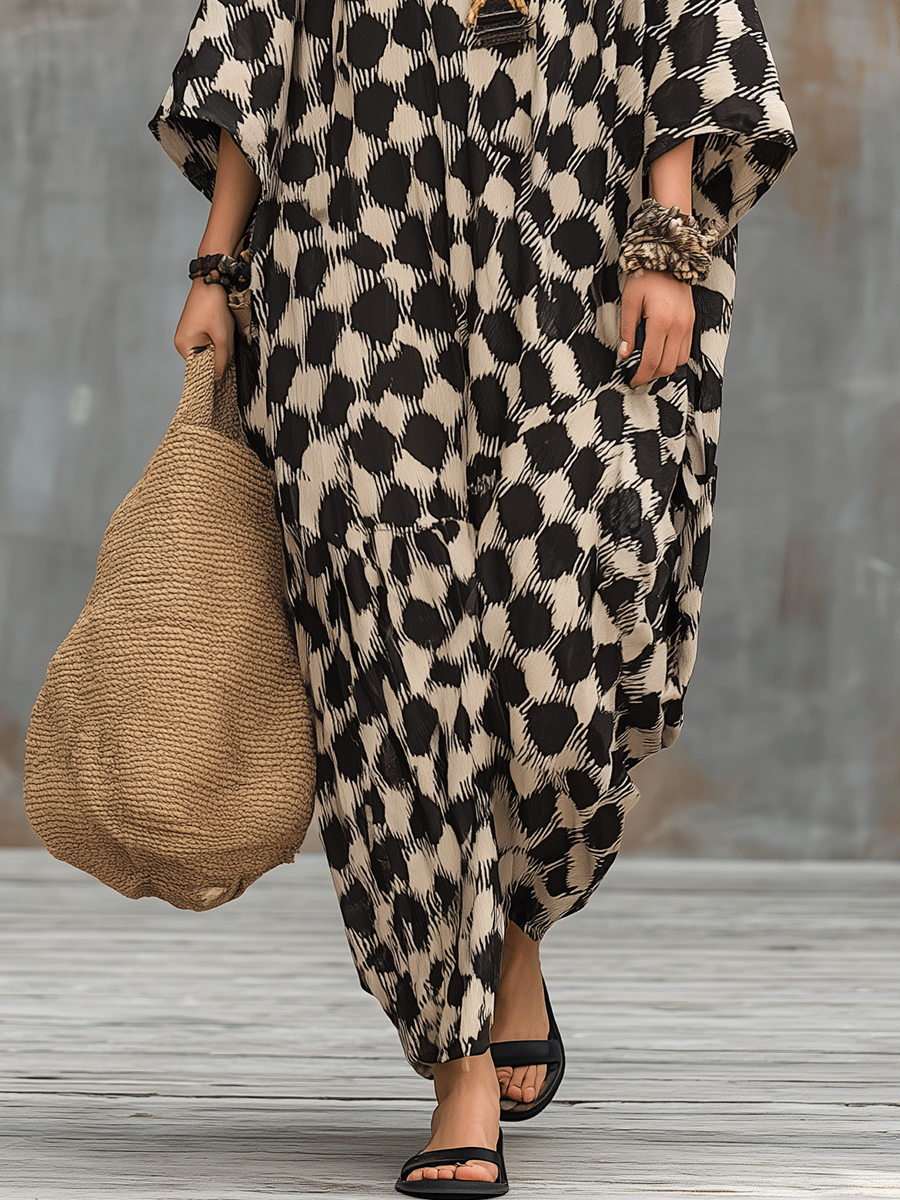 Arciana | Abito maxi caftano di ispirazione bohemien con pois e taglio ampio