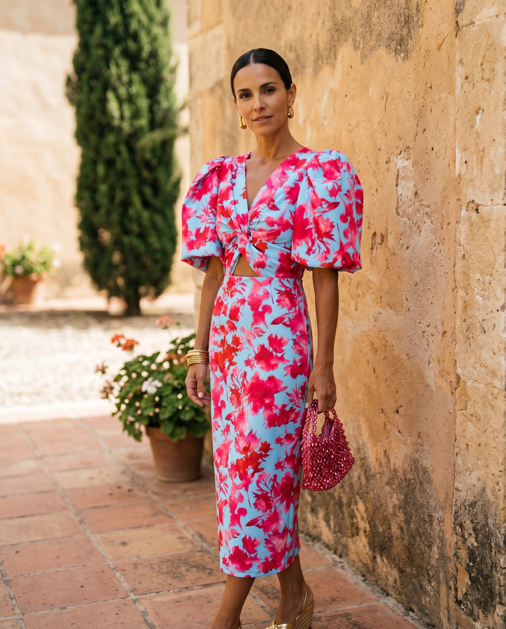 Carla™ | Vestito Midi Floreale con Maniche Sbuffo