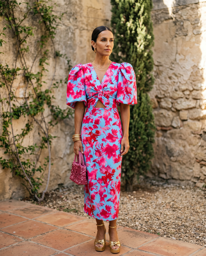 Carla™ | Vestito Midi Floreale con Maniche Sbuffo