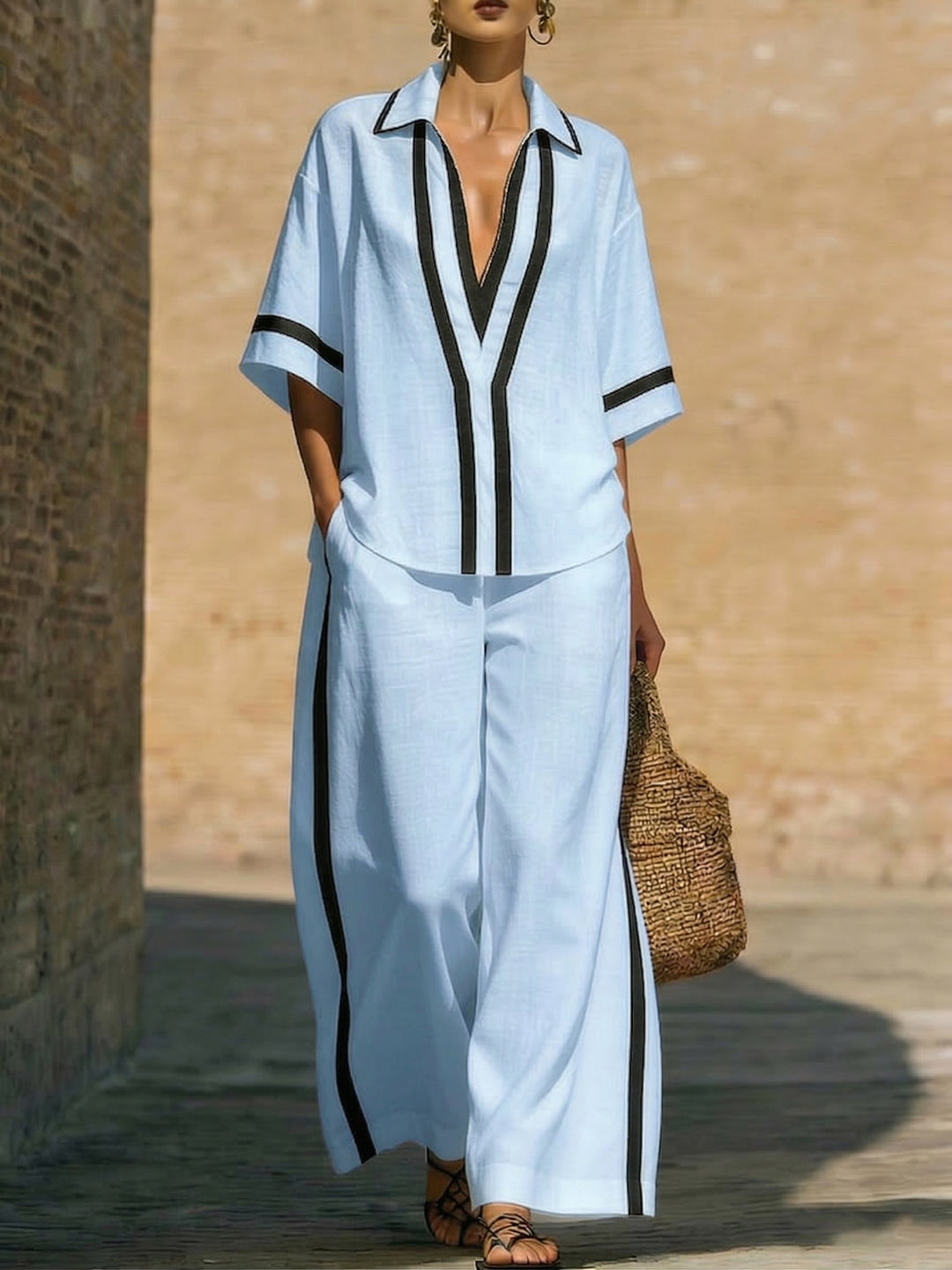 TEVA ™ | SET DI CAMICIA E PANTALONI LARGHI IN LINO E COTONE