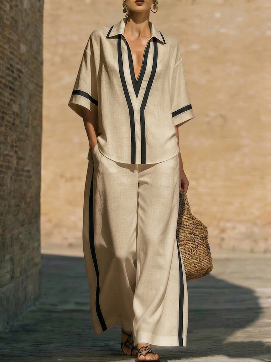 TEVA ™ | SET DI CAMICIA E PANTALONI LARGHI IN LINO E COTONE