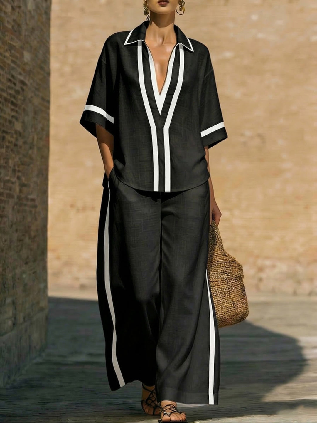 TEVA ™ | SET DI CAMICIA E PANTALONI LARGHI IN LINO E COTONE